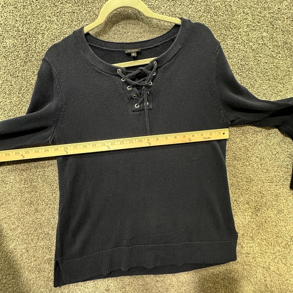 Talbots Blouse Top Women Medium Navy Blue Lace Up‎ V Neck Long Sleeve - Picture 3 of 6